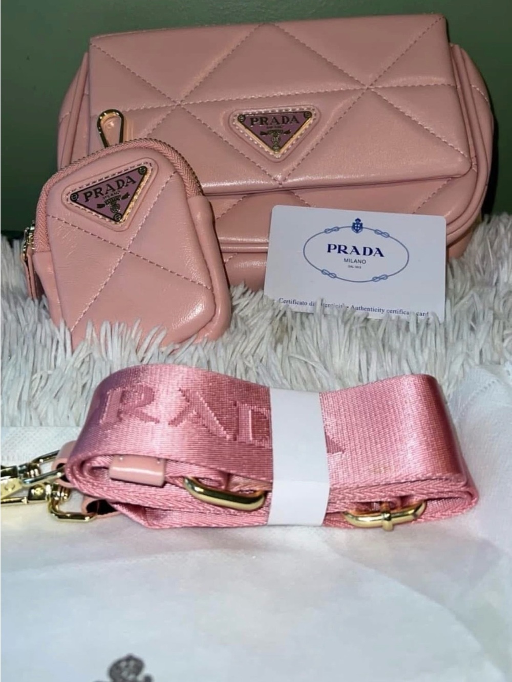 Prada Pink Quilted Leather Crossbody with Detachable Logo Strap and Pouch